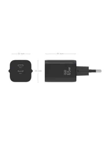 AISENS Cargador GaN 65W, 2xUSB-C PD3.0 QC4.0, Negro