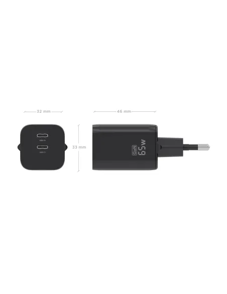 AISENS Cargador GaN 65W, 2xUSB-C PD3.0 QC4.0, Negro