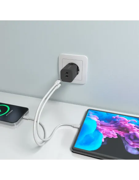 AISENS Cargador GaN 65W, 2xUSB-C PD3.0 QC4.0, Negro