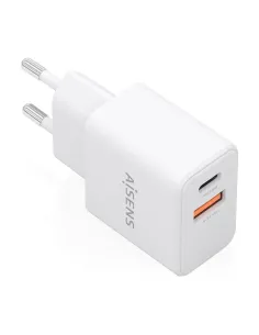 AISENS Cargador GaN 20W, 1xUSB-C PD3.0, 1xUSB-A QC3.0, Blanco