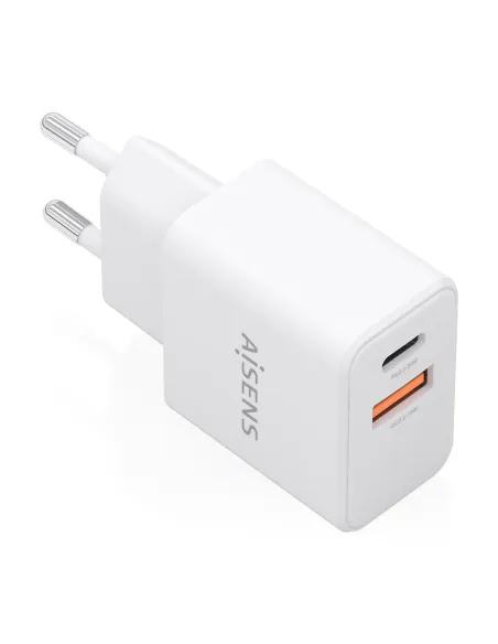 AISENS Cargador GaN 20W, 1xUSB-C PD3.0, 1xUSB-A QC3.0, Blanco