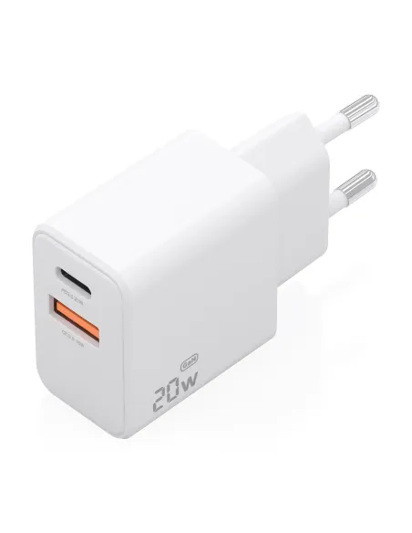 AISENS Cargador GaN 20W, 1xUSB-C PD3.0, 1xUSB-A QC3.0, Blanco