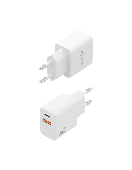AISENS Cargador GaN 20W, 1xUSB-C PD3.0, 1xUSB-A QC3.0, Blanco