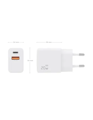 AISENS Cargador GaN 20W, 1xUSB-C PD3.0, 1xUSB-A QC3.0, Blanco