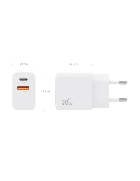 AISENS Cargador GaN 20W, 1xUSB-C PD3.0, 1xUSB-A QC3.0, Blanco