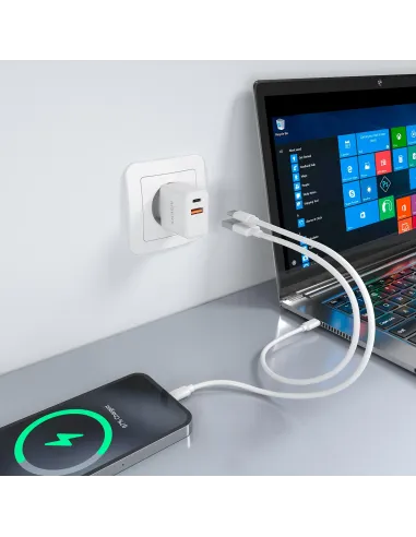 AISENS Cargador GaN 20W, 1xUSB-C PD3.0, 1xUSB-A QC3.0, Blanco