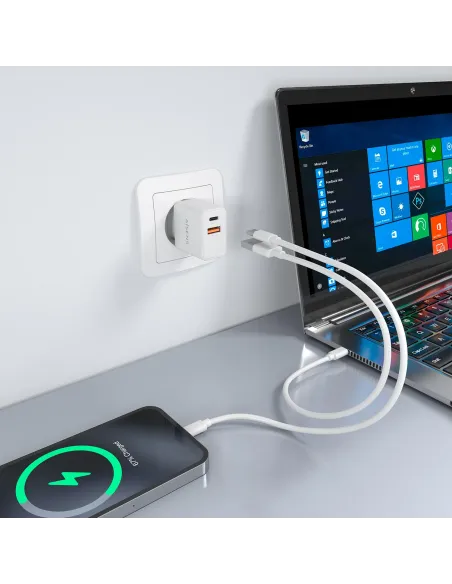 AISENS Cargador GaN 20W, 1xUSB-C PD3.0, 1xUSB-A QC3.0, Blanco