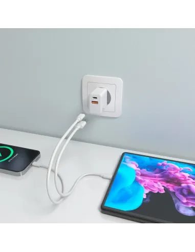 AISENS Cargador GaN 20W, 1xUSB-C PD3.0, 1xUSB-A QC3.0, Blanco
