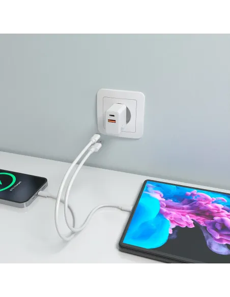 AISENS Cargador GaN 20W, 1xUSB-C PD3.0, 1xUSB-A QC3.0, Blanco