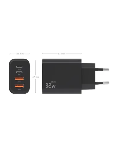 AISENS Cargador GaN 32W, 2xUSB-C PD3.0, 2xUSB-A, Negro
