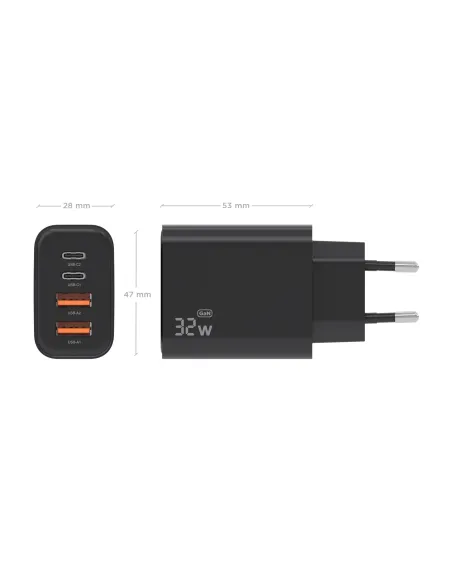 AISENS Cargador GaN 32W, 2xUSB-C PD3.0, 2xUSB-A, Negro