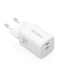 AISENS Cargador GaN 65W, 2xUSB-C PD3.0 QC4.0, Blanco