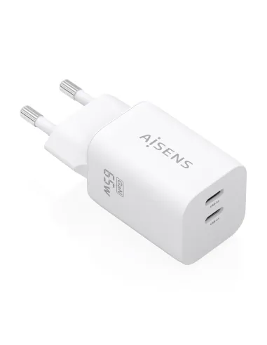 AISENS Cargador GaN 65W, 2xUSB-C PD3.0 QC4.0, Blanco