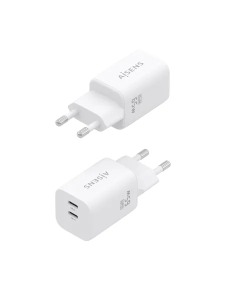 AISENS Cargador GaN 65W, 2xUSB-C PD3.0 QC4.0, Blanco