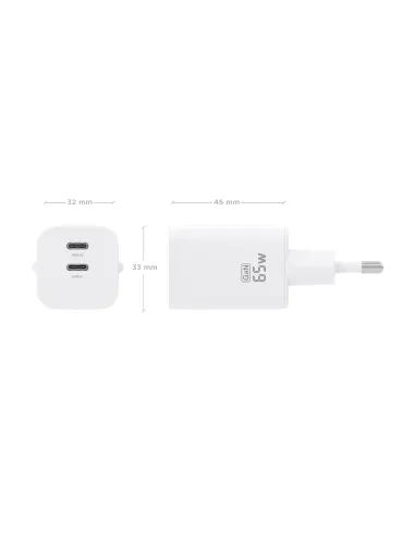 AISENS Cargador GaN 65W, 2xUSB-C PD3.0 QC4.0, Blanco