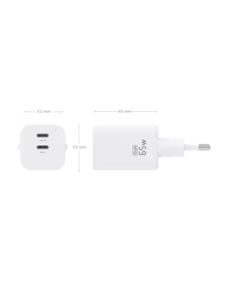 AISENS Cargador GaN 65W, 2xUSB-C PD3.0 QC4.0, Blanco