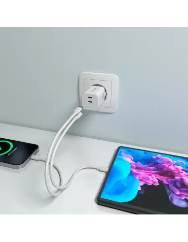 AISENS Cargador GaN 65W, 2xUSB-C PD3.0 QC4.0, Blanco