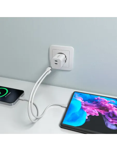 AISENS Cargador GaN 65W, 2xUSB-C PD3.0 QC4.0, Blanco