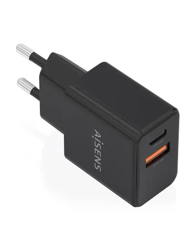 AISENS Cargador GaN 20W, 1xUSB-C PD3.0, 1xUSB-A QC3.0, Negro