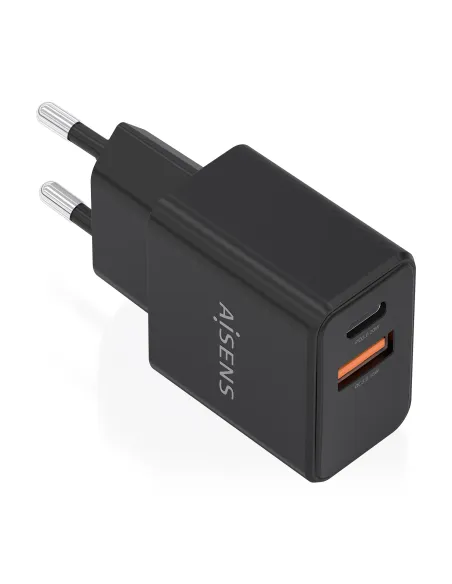 AISENS Cargador GaN 20W, 1xUSB-C PD3.0, 1xUSB-A QC3.0, Negro