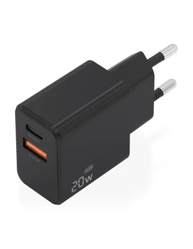 AISENS Cargador GaN 20W, 1xUSB-C PD3.0, 1xUSB-A QC3.0, Negro