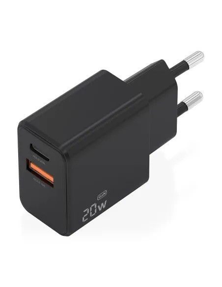 AISENS Cargador GaN 20W, 1xUSB-C PD3.0, 1xUSB-A QC3.0, Negro