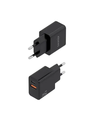 AISENS Cargador GaN 20W, 1xUSB-C PD3.0, 1xUSB-A QC3.0, Negro