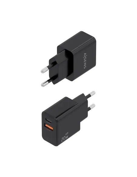 AISENS Cargador GaN 20W, 1xUSB-C PD3.0, 1xUSB-A QC3.0, Negro