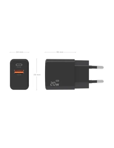 AISENS Cargador GaN 20W, 1xUSB-C PD3.0, 1xUSB-A QC3.0, Negro