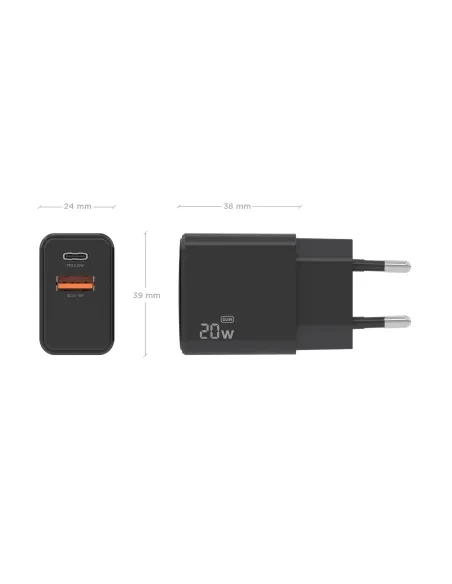 AISENS Cargador GaN 20W, 1xUSB-C PD3.0, 1xUSB-A QC3.0, Negro