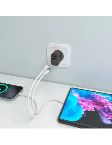 AISENS Cargador GaN 20W, 1xUSB-C PD3.0, 1xUSB-A QC3.0, Negro
