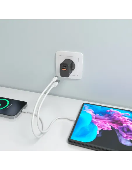 AISENS Cargador GaN 20W, 1xUSB-C PD3.0, 1xUSB-A QC3.0, Negro