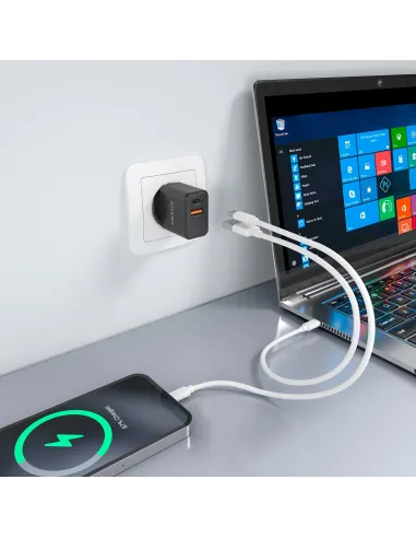 AISENS Cargador GaN 20W, 1xUSB-C PD3.0, 1xUSB-A QC3.0, Negro