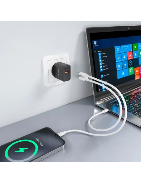AISENS Cargador GaN 20W, 1xUSB-C PD3.0, 1xUSB-A QC3.0, Negro