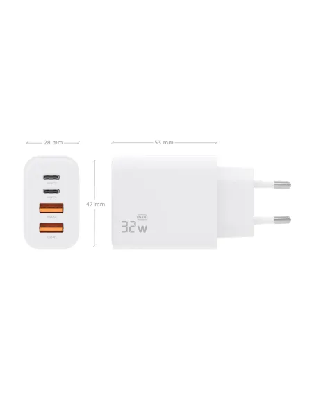 AISENS Cargador GaN 32W, 2xUSB-C PD3.0, 2xUSB-A, Blanco
