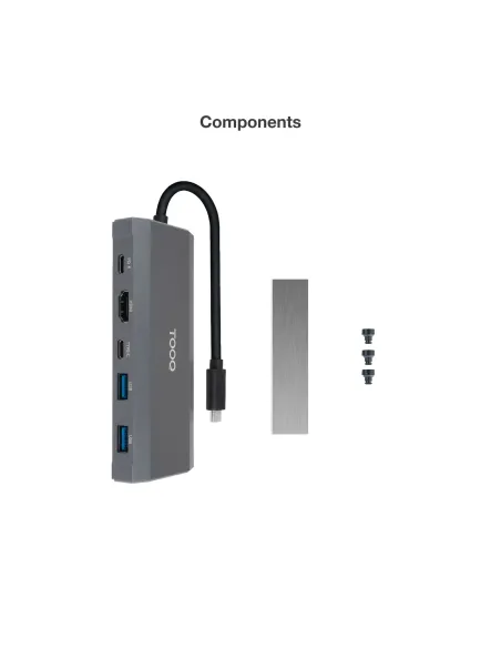 TooQ Caja externa para SSD M.2 NGFF NVMe + HUB USB 3.2 Gen2 con 1xUSB-C PD + 2xUSB-A + USB-C + HDMI, Gris