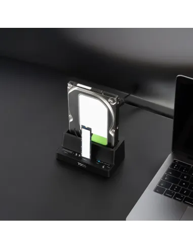 TooQ Docking Station USB-C 3.2 Gen 2 Dos Bahías para SSD M.2 NVMe + Bahía para 2,5"- 3,5" para HDD + Clonador, Negro