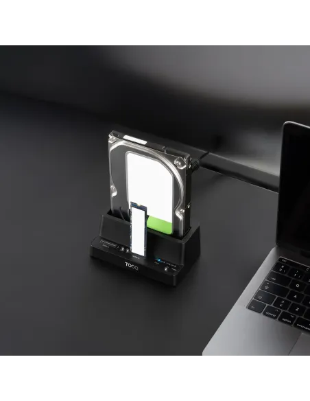 TooQ Docking Station USB-C 3.2 Gen 2 Dos Bahías para SSD M.2 NVMe + Bahía para 2,5"- 3,5" para HDD + Clonador, Negro
