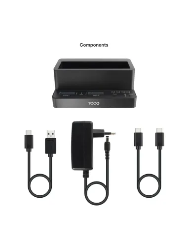 TooQ Docking Station USB-C 3.2 Gen 2 Dos Bahías para SSD M.2 NVMe + Bahía para 2,5"- 3,5" para HDD + Clonador, Negro