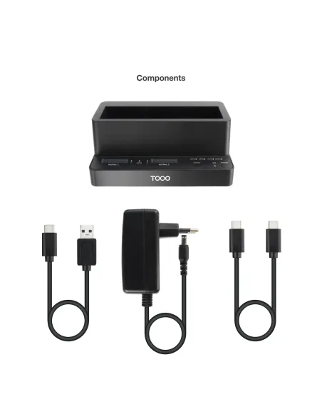 TooQ Docking Station USB-C 3.2 Gen 2 Dos Bahías para SSD M.2 NVMe + Bahía para 2,5"- 3,5" para HDD + Clonador, Negro