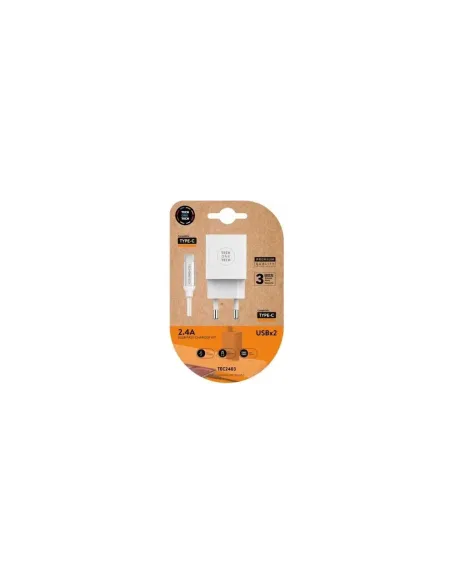 Cargador de Pared Tech One Tech TEC2403/ 2xUSB + Cable USB Tipo-C/ 12W/ Blanco