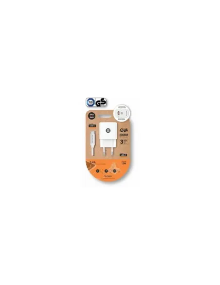 Cargador de Pared Tech One Tech TEC2413/ 1xUSB Tipo-C/ 1xUSB + Cable USB Tipo-C/ 12W/ Blanco