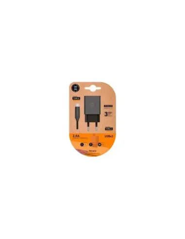 Cargador de Pared Tech One Tech TEC2423/ 2xUSB + Cable USB Tipo-C/ 12W/ Negro