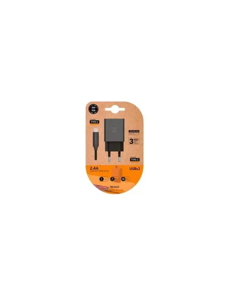 Cargador de Pared Tech One Tech TEC2423/ 2xUSB + Cable USB Tipo-C/ 12W/ Negro