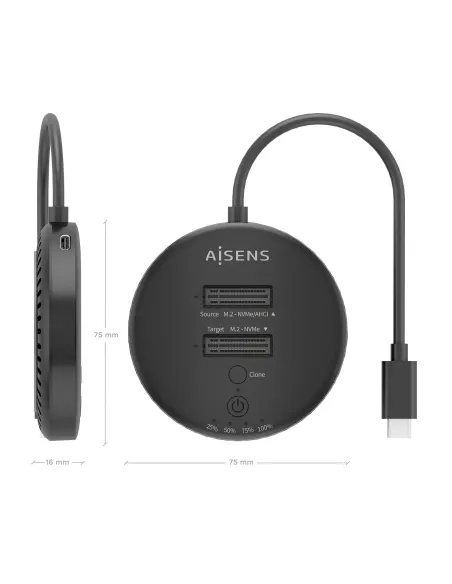 AISENS Estacion De Docking De Doble Bahia NVME a USB 3.2 Gen2x2, Clone, Negro