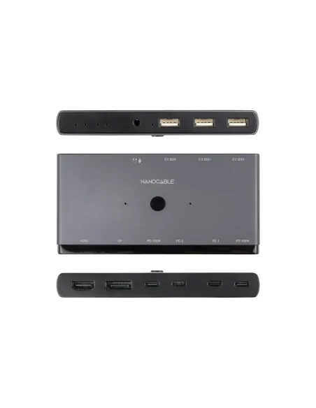 Nanocable Switch Conmutador KVM 2x USB-C a 3xUSB-A+2xPD+HDMI+DP+Audio