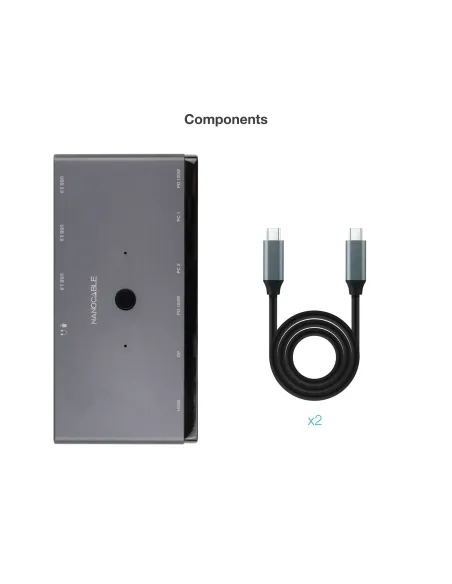 Nanocable Switch Conmutador KVM 2x USB-C a 3xUSB-A+2xPD+HDMI+DP+Audio