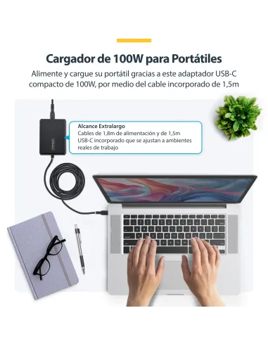 StarTech.com Cargador USB-C para Portátil con Cable Tipo C Integrado de 1,5m - Bloque Cargador Tipo C para MacBook Pro, Dell