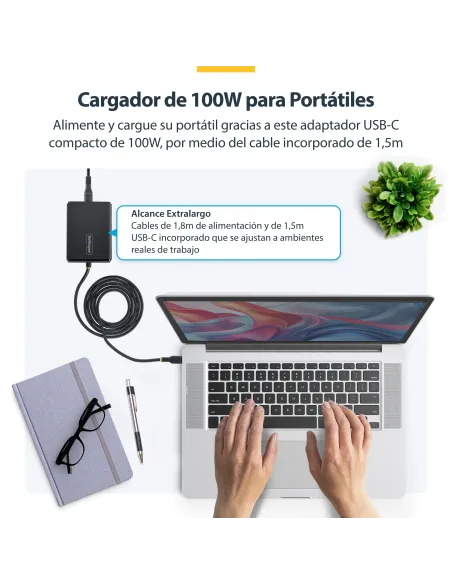 StarTech.com Cargador USB-C para Portátil con Cable Tipo C Integrado de 1,5m - Bloque Cargador Tipo C para MacBook Pro, Dell