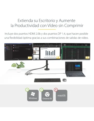 StarTech.com Adaptador Multipuertos USB-C para 3 Monitores - 4K 60Hz Doble + HDMI y DisplayPort 4K 30Hz - Hub USB de 3 Puertos